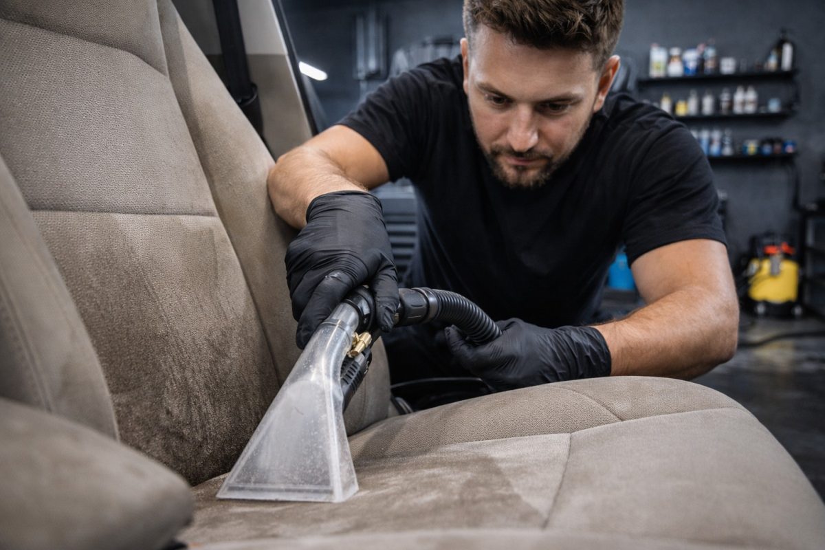 Specjalista wykonuje pranie tapicerki samochodowej metodą ekstrakcyjną w Szczecinie