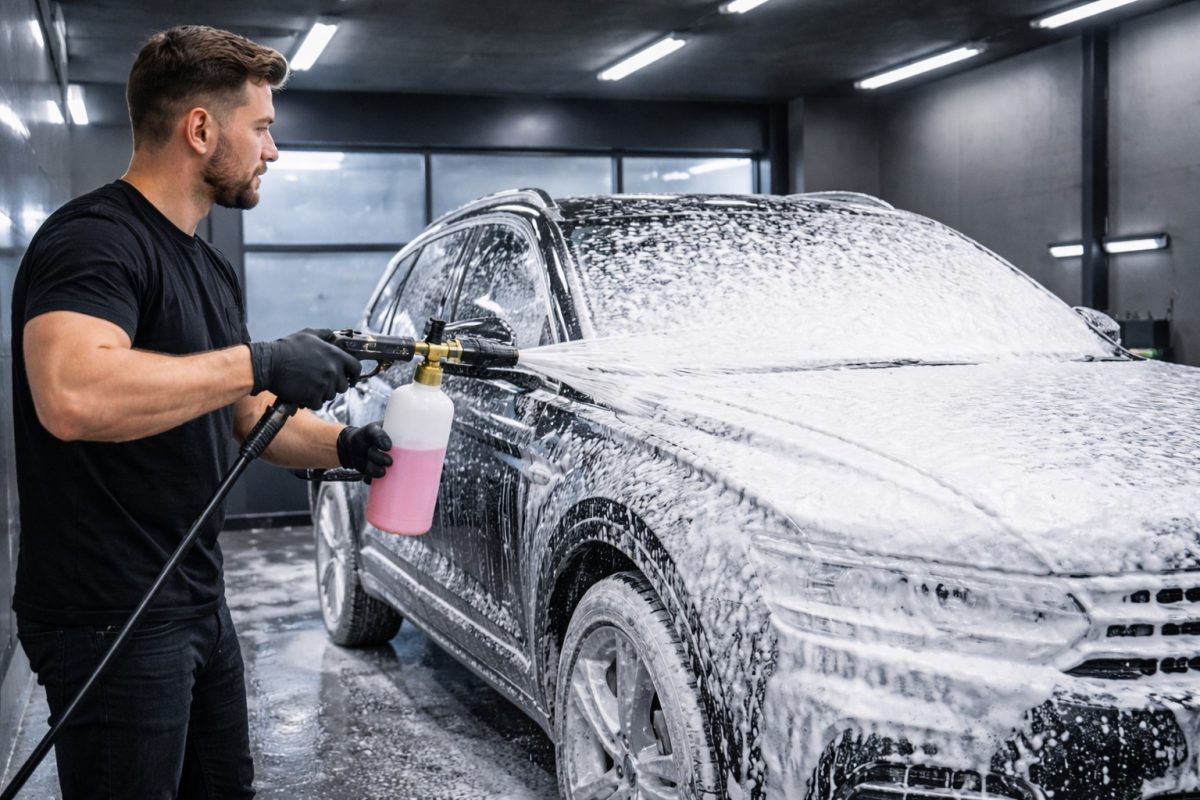 Pracownik myjni ręcznej w Szczecinie nakłada pianę aktywną na samochód