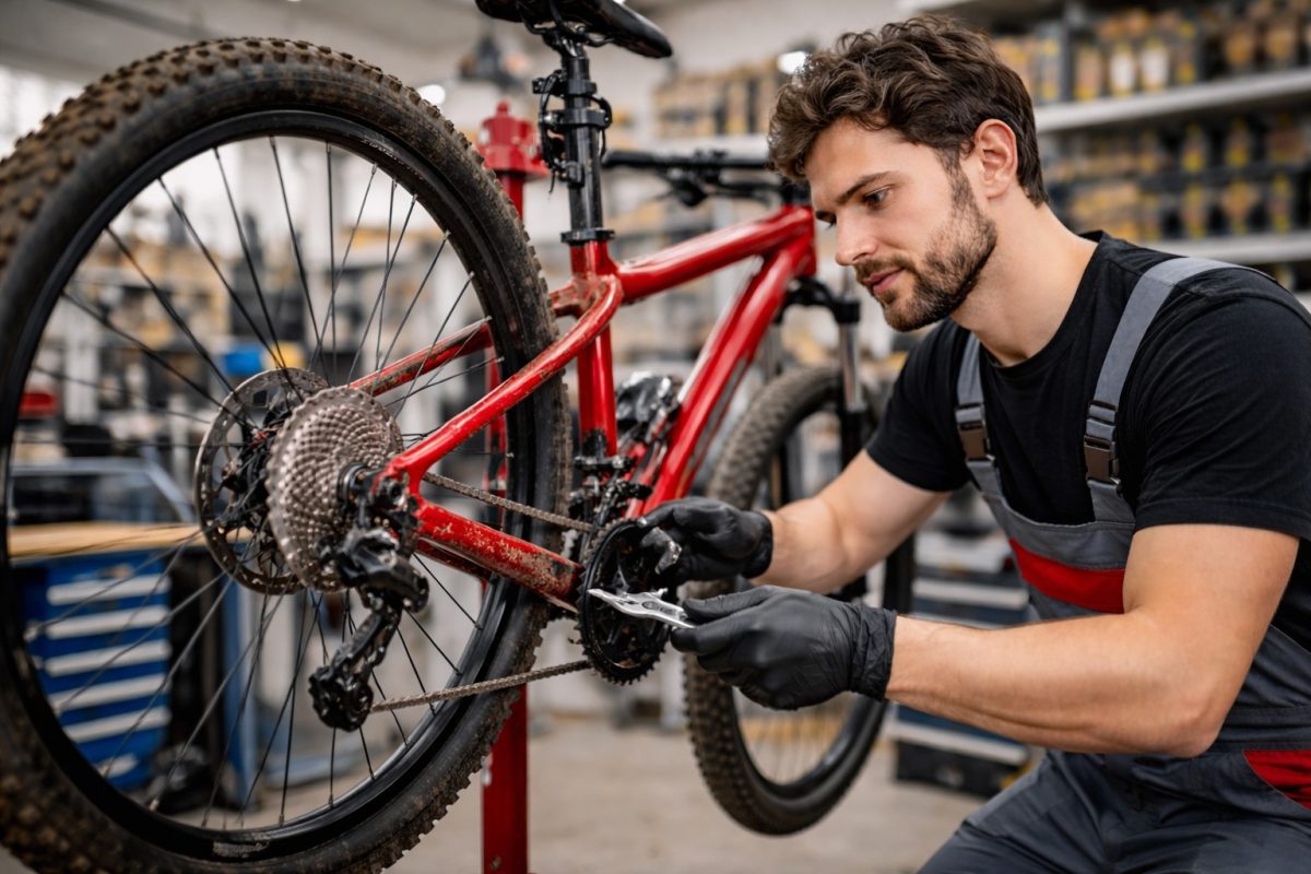 Mechanik serwisowy naprawia napęd w czerwonym rowerze górskim w warsztacie rowerowym podczas profesjonalnego serwisu roweru
